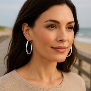 J. Jill Silver Tone Classic Open Hoop Earrings Stud Back Polished Versatile NWT